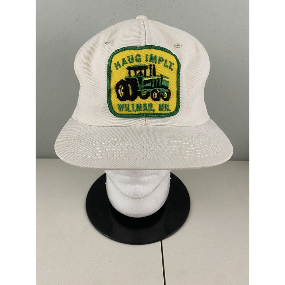 Vintage K Products Haug Implement John Deere MN Snapback Patch Trucker Hat Cream